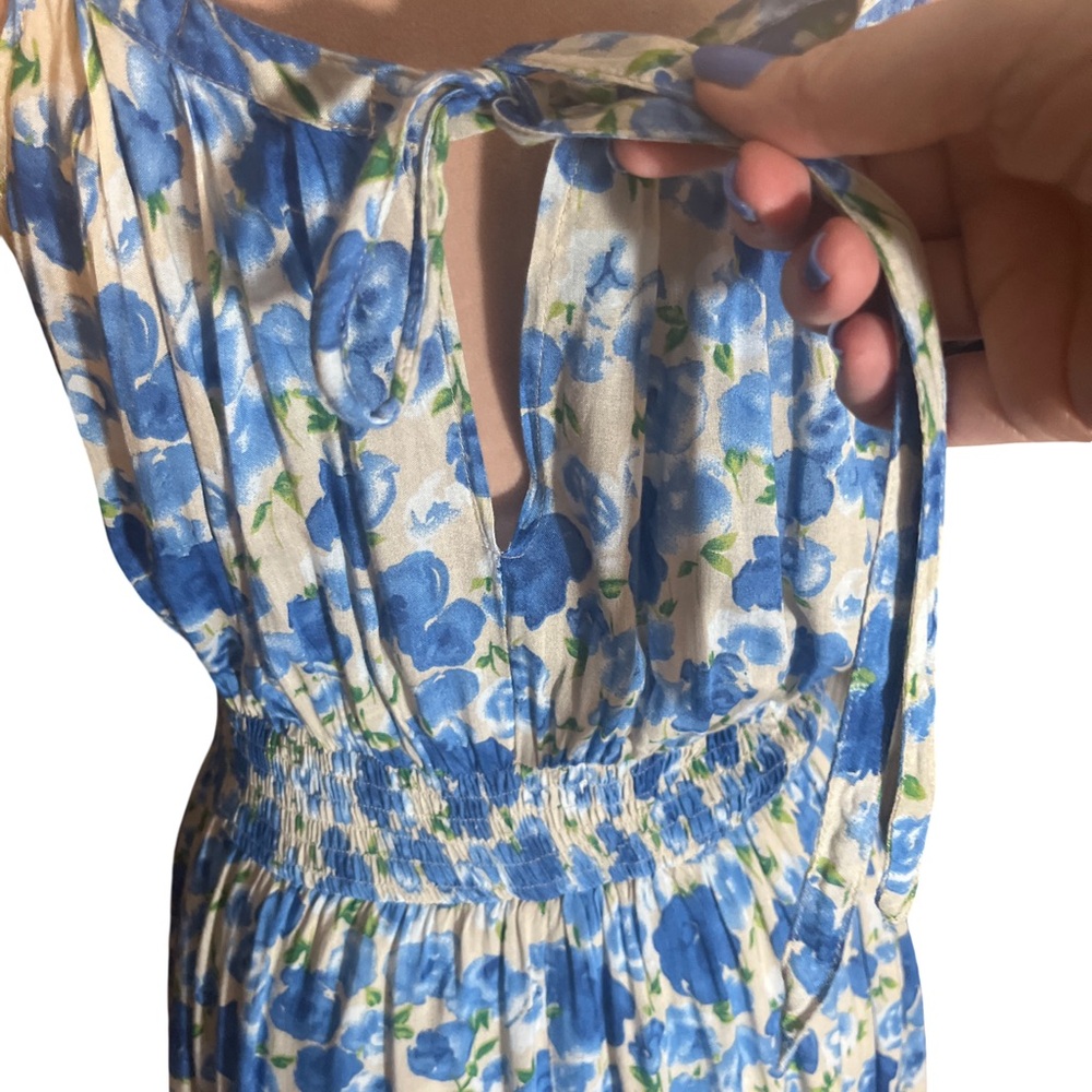 Tulle for Anthropologie Blue and White Floral Midi Dress with Ruched Waist - Picture 6 of 10